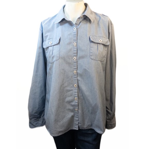 Duluth Trading Womens Size XL Shirt Denim Button Up Long Sleeve Coolmax Collared - Picture 1 of 11